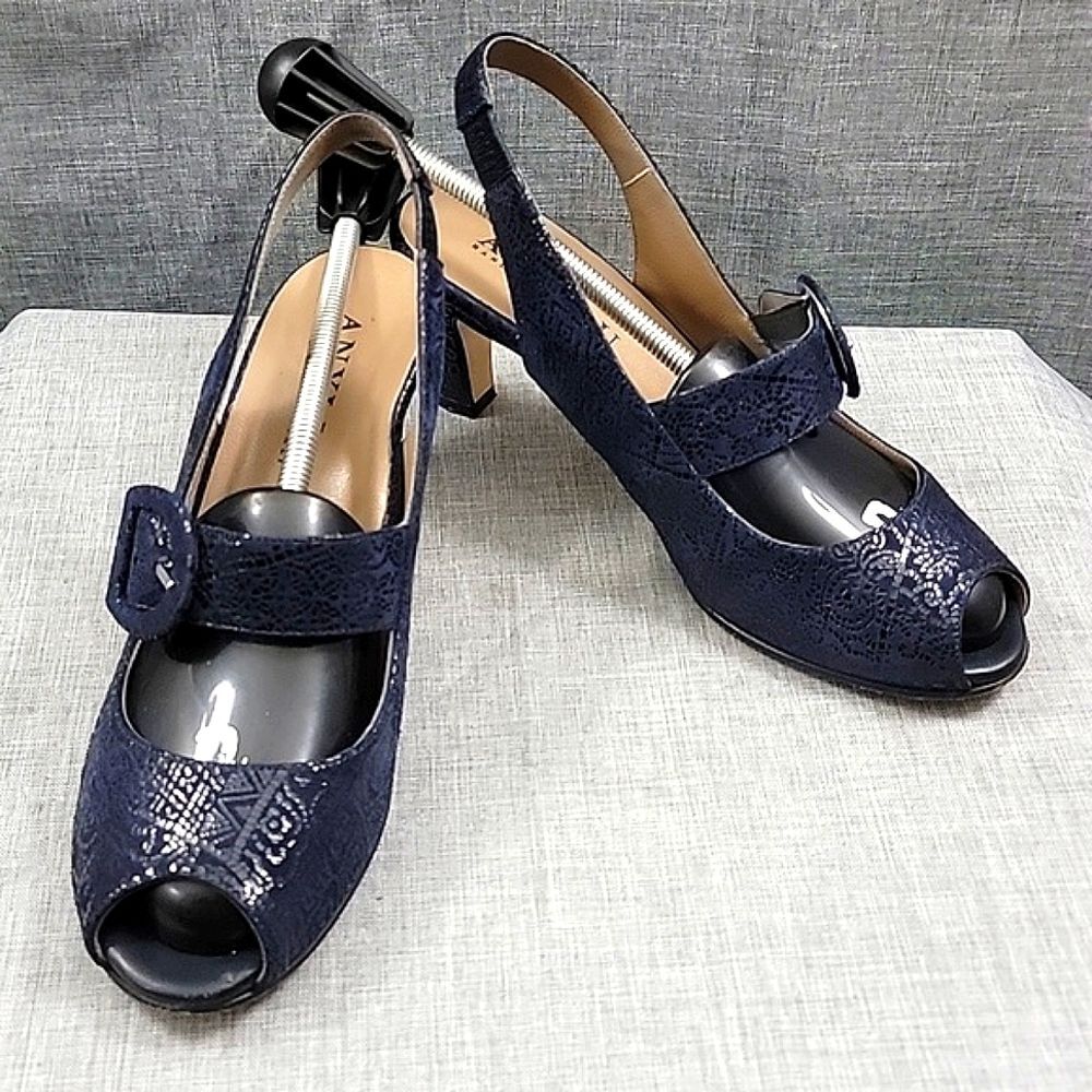 Anyi Lu Navy Blue Tulip Heels Slingback Shoes Women's 38.5 EUR